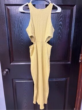 Yellowish Green Textured Cutout Midi Dress